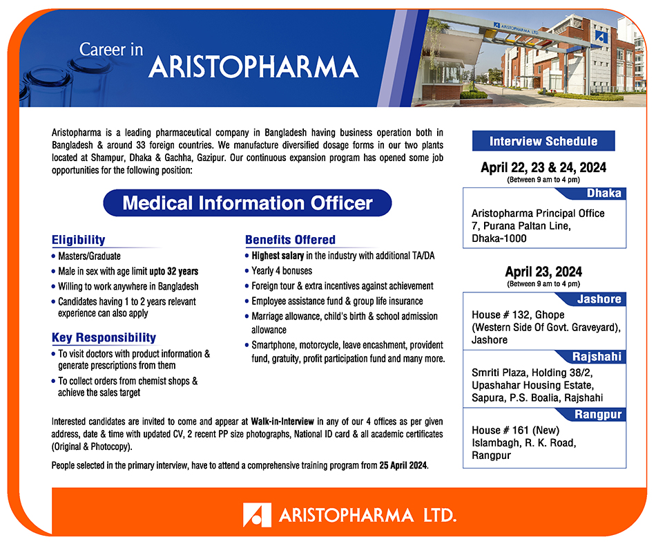 Aristopharma Job Circular 2024 - Medical Information Officer